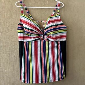 Cacique Swim Suit Top 44DD Underwire Stripes Front Red White Black Tankini